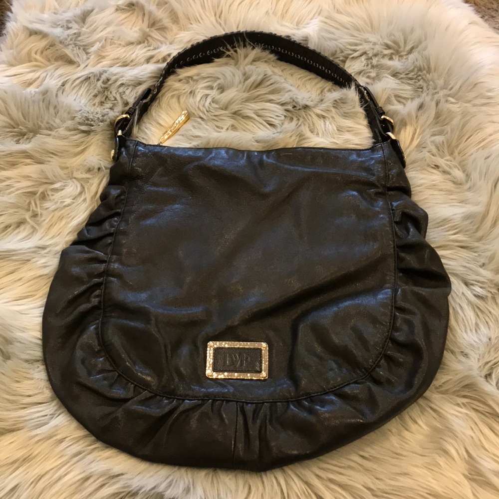 Diane von Furstenberg huge black leather hobo bag!